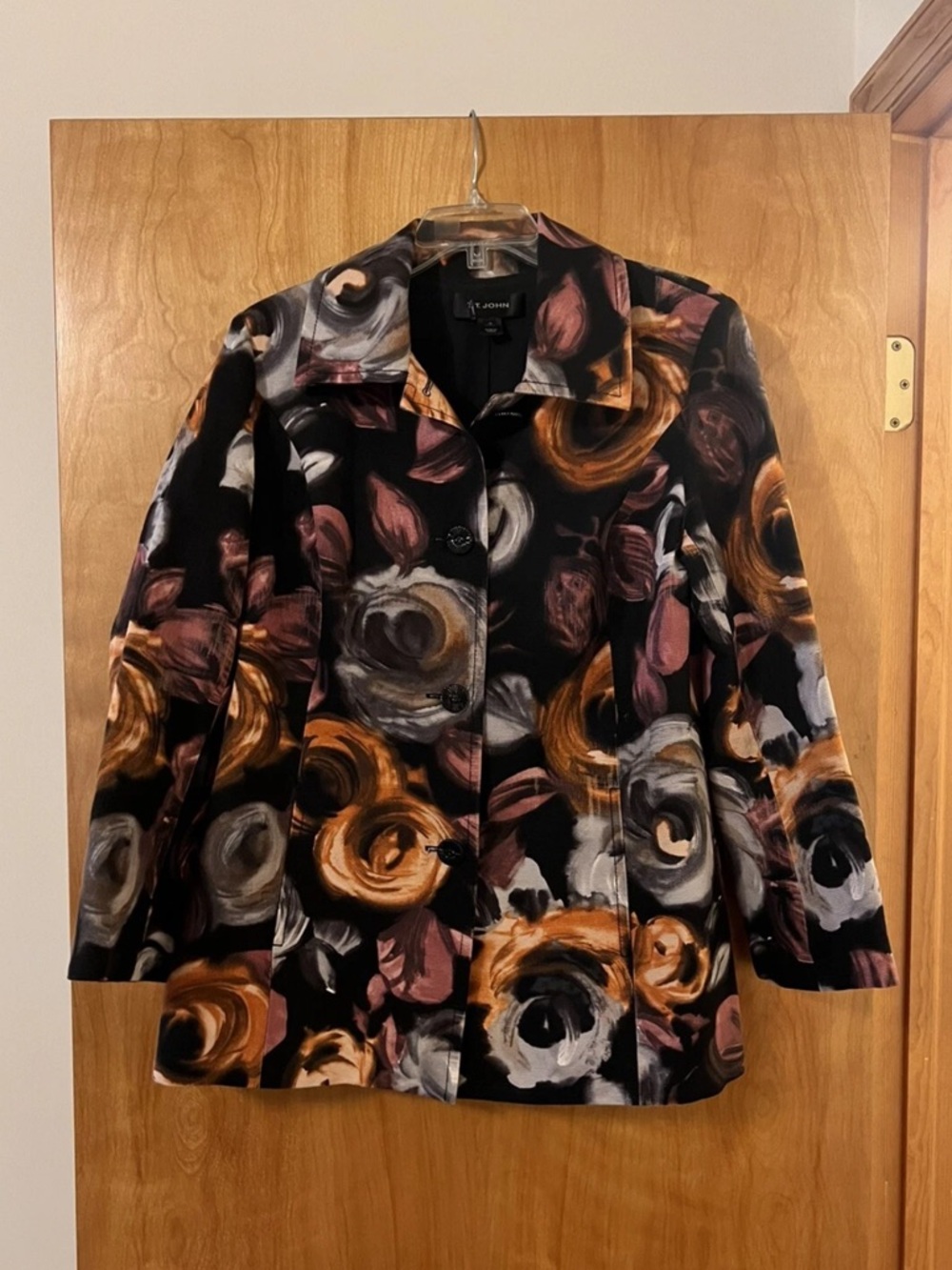 St. John Flowers Knits Car Coat Lined Jacket Granite Floral Gray Orange Black 10